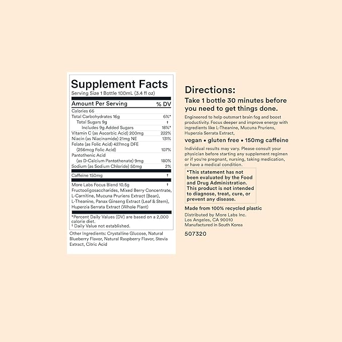 More Labs Liquid Focus, Nootropic Smart Drink with Powerful Antioxidants & Adaptogenic Herbs for Energy and Concentration, 150mg Caffeine (Pack of 6)