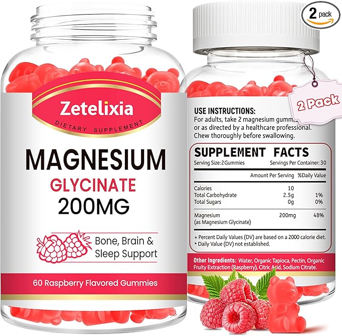 200MG Magnesium Glycinate Gummies, High Absorption Magnesium Glycinate Supplements for Relaxation, Raspberry Flavor 2 Pack, 120 Count