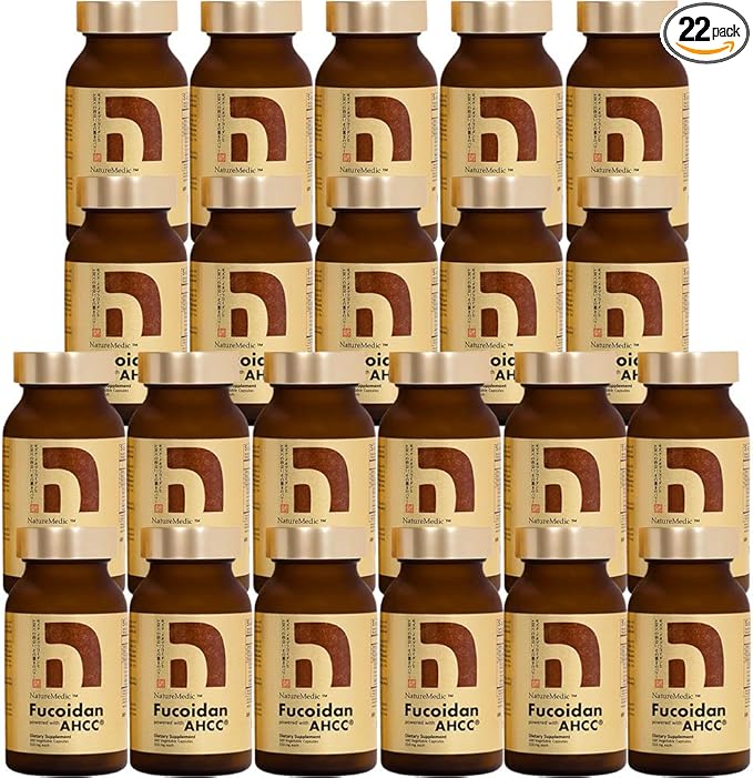 Fucoidan Powered with AHCC® Brown Seaweed Immunity Supplement with High Purity Mekabu Mozuku Agaricus 20 Bottles + Free 2 Bottles - 3520 Vegetable Capsules