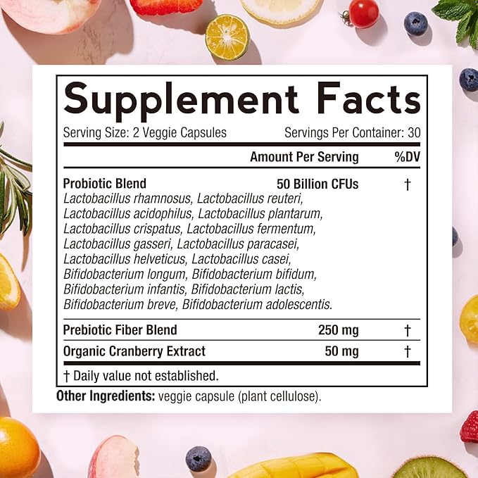 Doctor's Recipes Women's Probiotic, 60 Caps 50 Billion CFU 16 Strains, with Organic Cranberry, Digestive Immune Vaginal & Urinary Health, Shelf Stable, Delayed Release, No Soy Gluten Dairy