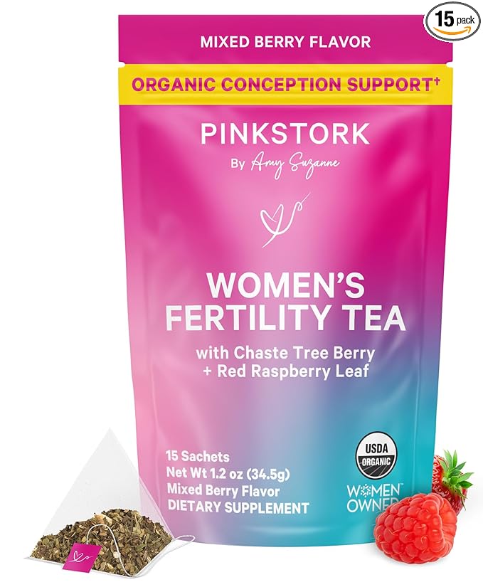 Pink Stork Organic Fertility Tea for Women | Fertility Supplements for Women with Chaste Tree Berry (Vitex) + Red Raspberry Leaf | Hormone Balance Herbal Tea for Conception Support | USDA Organic, Caffeine Free - Mixed Berry, 15 Sachets