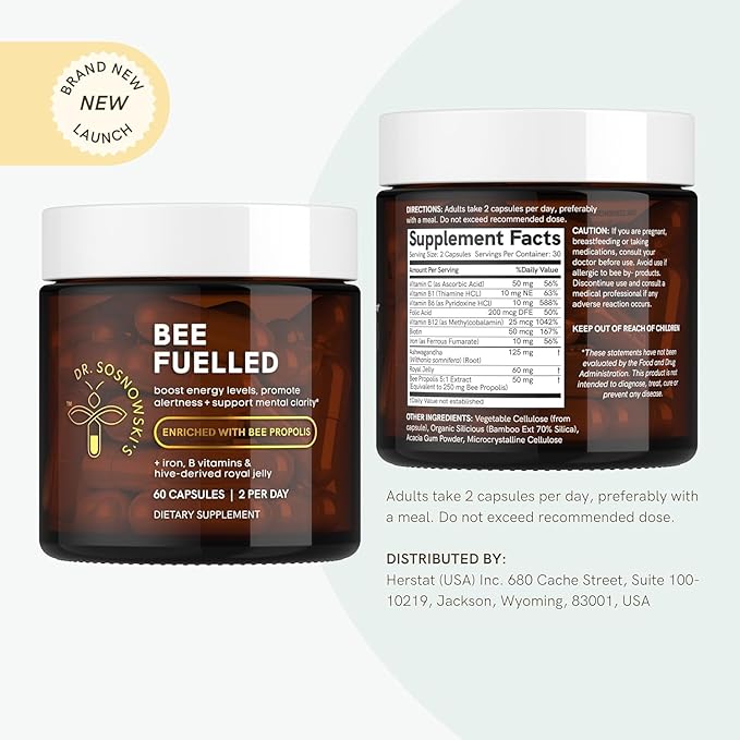 Dr Sosnowski's | Bee Fuelled | Fight Tiredness & Promote Sustained Energy | Potent B-Vitamin Complex | Vegetable Capsules, 60ct