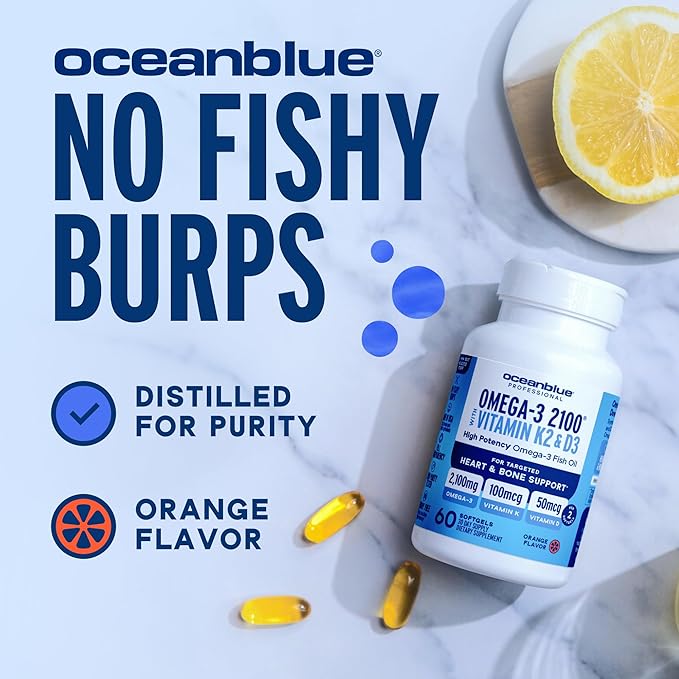 Oceanblue Professional Omega-3 2100 with Vitamin K2 and Vitamin D3-60 Count 2 Pack- Triple Strength Burpless Fish Oil Supplement with EPA, DHA & DPA - Wild Caught - Orange Flavor, 60 Servings