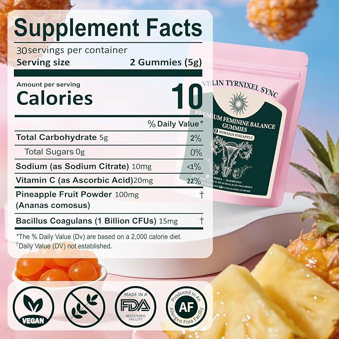 Probiotic Gummies for Women - Vital Prebiotic Source for Feminine Health, pH Balance & Odor Control - Vegan Daily Digestive & Immune Support, Pineapple Flavor, Sugar-Free, 60 Count