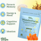 Plant People WonderFocus Mushroom Gummies with Lion’s Mane & Cordyceps - Nootropic Brain Supplement Boosts Memory, Focus, Energy & Mood in Adults | No Sugar, 100% Vegan, Citrus Flavor, 60 Count