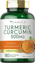 Carlyle Turmeric Curcumin Supplement | 180 Capsules | with Black Pepper Extract | Non-GMO & Gluten Free