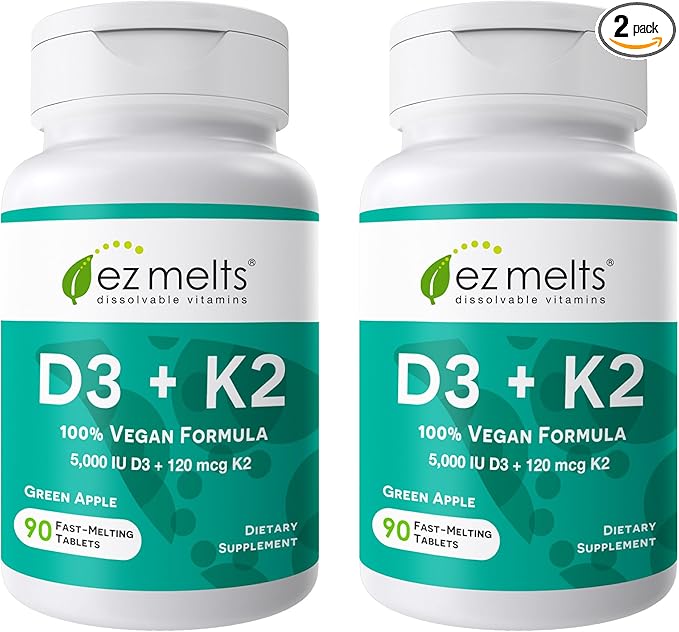 EZ Melts Dissolvable Vegan Vitamin D3 + K2 5,000 IU - Bone & Heart Health Support - Immune Function Support - No Artificial Flavors - Non-GMO - Green Apple - 180 Dissolvable Tablets (180 Servings)