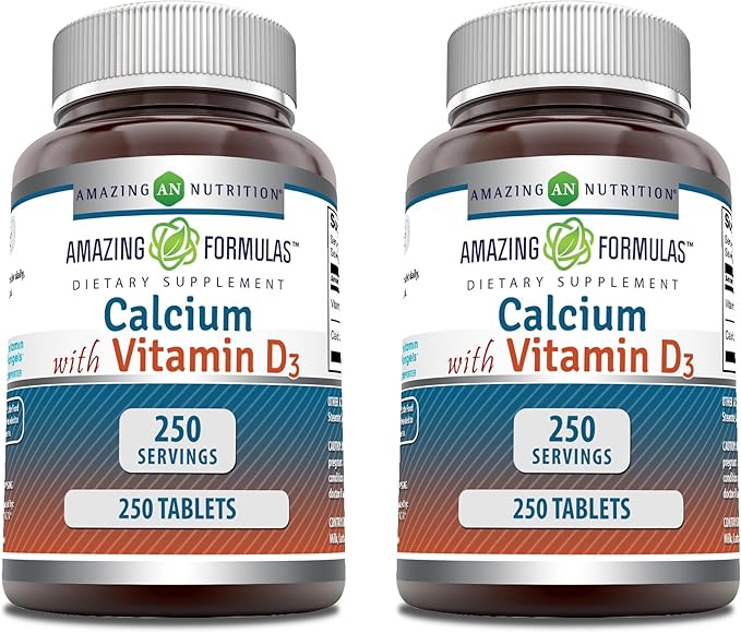 Amazing Formulas Calcium with Vitamin D3 Supplement | Tablets | Non-GMO | Gluten-Free | Made in USA (2 Pack | 250 Count)