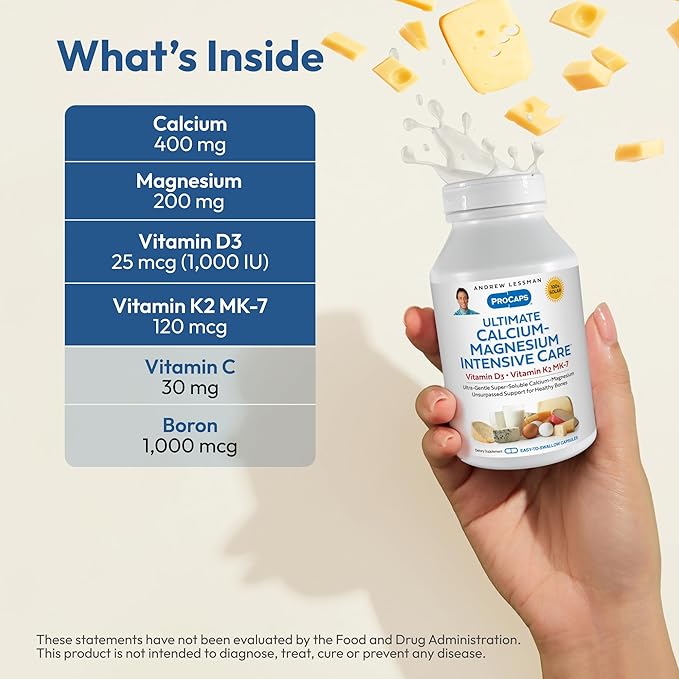 ANDREW LESSMAN Ultimate Calcium-Magnesium Intensive Care with Vitamin D3 & K2 MK7-120 mcg - 360 Capsules – Bone and Skeleton Health Essentials. Gentle, Easy to Swallow, Super Soluble. No Additives