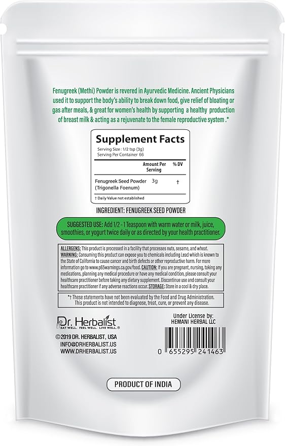 Dr. HERBALIST Fenugreek Powder 7.1 OZ (200g) - 100% Natural & Herbal Supplement - Methi Seeds Powder - Nutritive & Digestive Aid