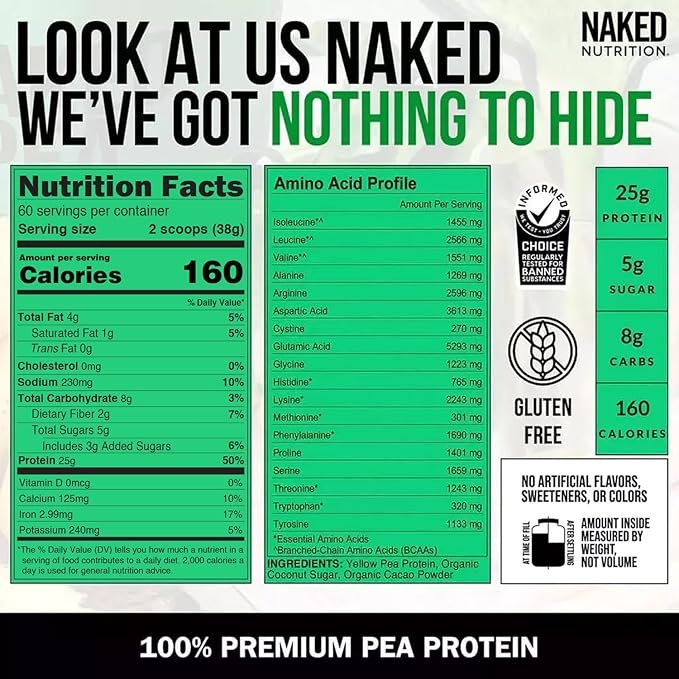 NAKED Nutrition Chocolate Pea Protein Isolate - 5Lb Bulk, Plant Based, Vegetarian & Vegan Protein. Easy to Digest, Non-GMO, Gluten Free, Lactose Free, Soy Free (Pack of 2)