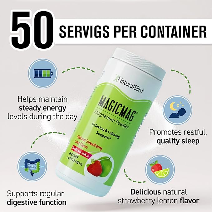 NaturalSlim MagicMag Magnesium Citrate Powder Drink for Relaxation, Stress, Constipation, Better Rest & Digestive Health, Magnesium Supplement for Women and Men, Strawberry & Lime Flavored 8oz