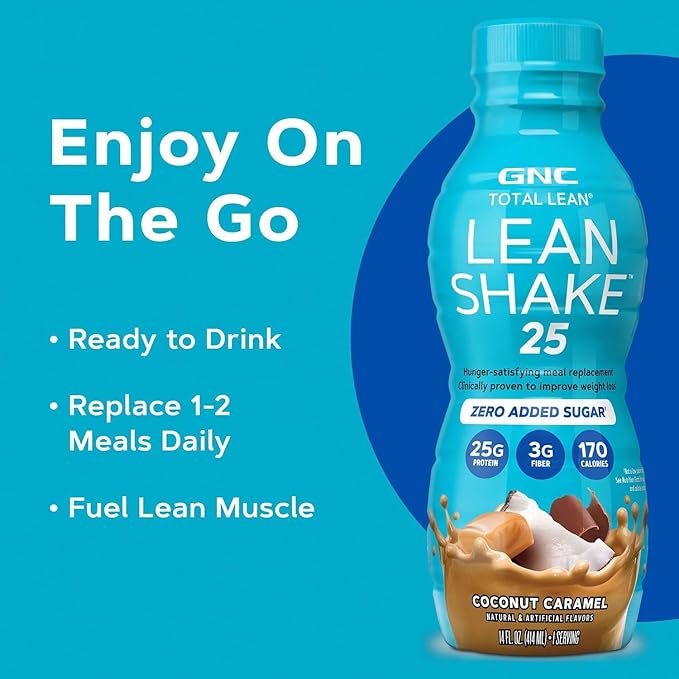 GNC Lean Shake 25 Protein Shake, Clinically Proven Weight Management, Meal Replacement, 25g Protein with Zero Added Sugar, Ready To Drink, Coconut Caramel, Pack of 12