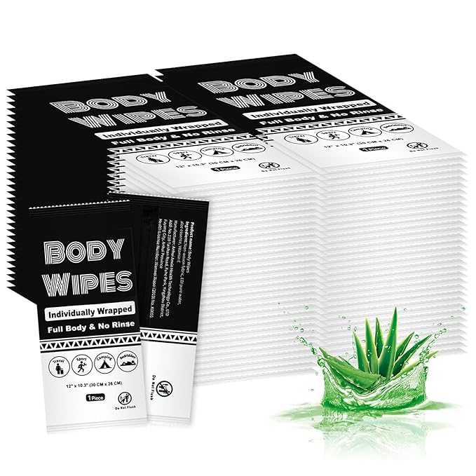 Individually Wrapped Body Wipes Bulk Bath Wipe, Women Men Large Adult Disposable Body Shower Wipes No Rinse-Free Bathing Cloths Wipe for Outdoors After Gym Camping Travel (100, Black, 12 x 10.3 in)