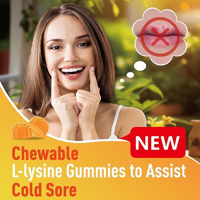 L-Lysine Gummies 1000 mg, Cold Sore Supplement with Immune Support for Lips & Oral, Chewable L Lysine Gummies for Adults & Kids, Boost Immune & Collagen, Non-GMO, Vegan, Gluten Free - 60 Counts