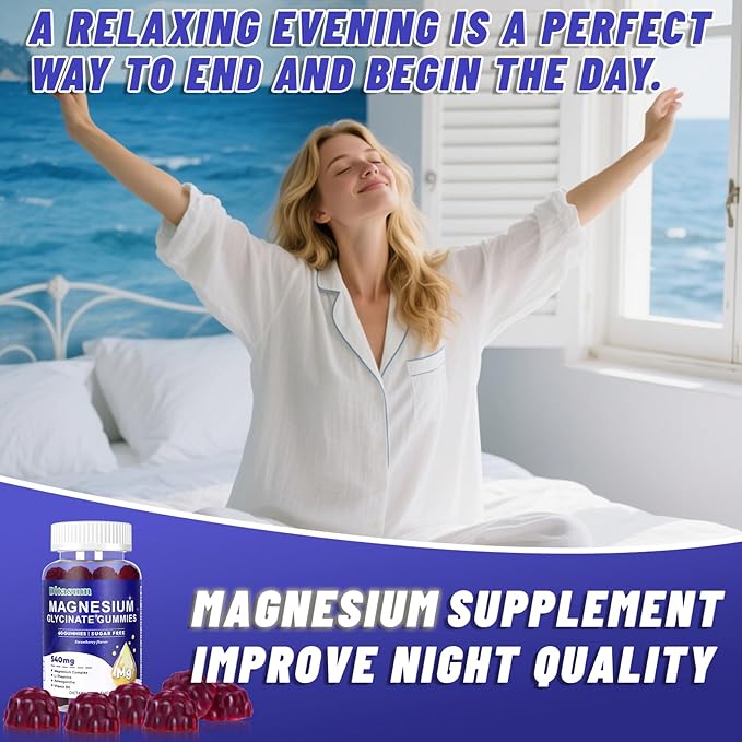 Magnesium Glycinate Gummies with L-Threonate, Vitamin B6, Ashwagandha 540mg per Serving, Sugar Free, Vegan, Relaxation & Nighttime Support, Strawberry Flavor, 60 Gummies