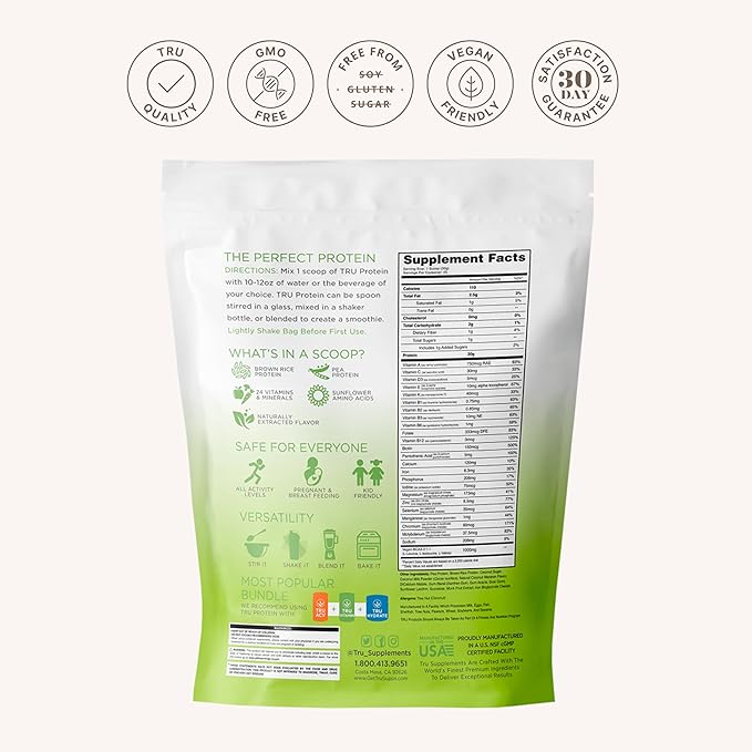 TRU Supplements Plant Based Protein Powder, BCAA, EAA, 20g Vegan Brown Rice & Pea Protein, 100 Calories, 27 Vitamins, No Artificial Flavors 25 Servings (Coconut Macaron)
