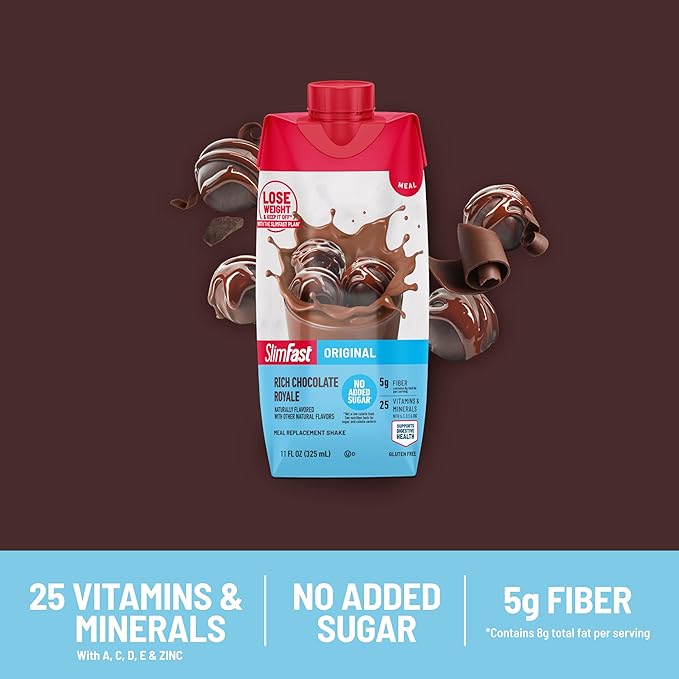 SlimFast Meal Replacement Shake, Original Rich Chocolate Royale, No Added Sugar, Meal Replacement Shakes, 10g Ready to Drink Protein, 5g Fiber, 25 Vitamins and Minerals, 11 Fl. Oz, 12 Count