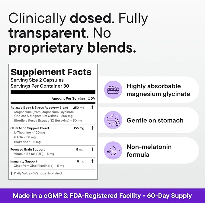 Magnesium Glycinate Sleep Complex – Non-Habit Forming Support with L-Theanine, GABA, Zinc & Rhodiola – Promotes Relaxation, Calm & Muscle Recovery – Non-Melatonin – 100 Capsules