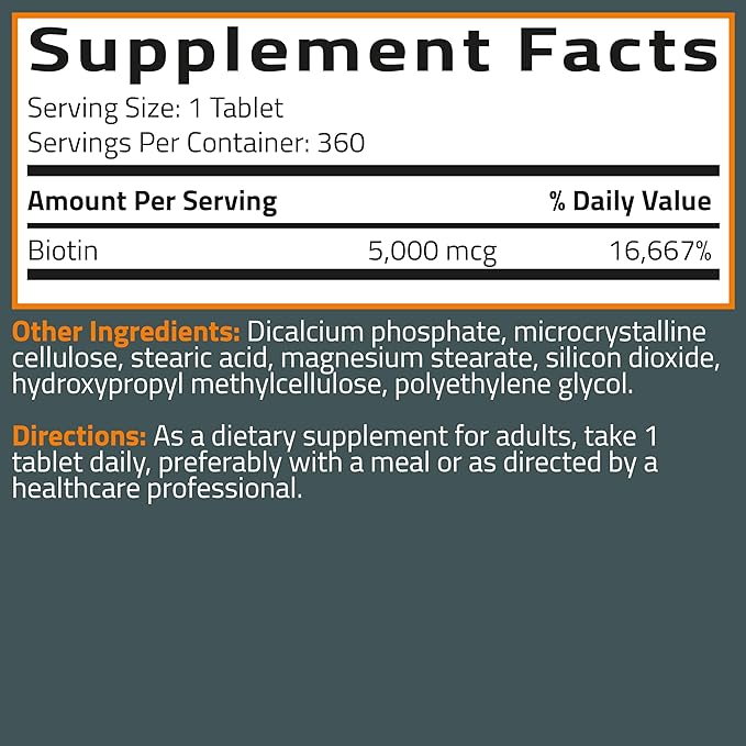 Bronson Biotin 5,000 MCG Supports Healthy Hair, Skin & Nails & Energy Production - High Potency Beauty Support - Non-GMO, 360 Vegetarian Tablets