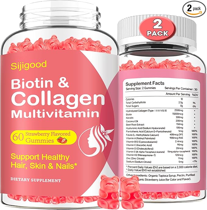 2 Pack Multi Collagen Peptides Gummies for Women & Men, Ultra Hydrolyzed Protein Type I II III V X with Biotin, Hyaluronic Acid & Vitamin C D K2 B12 A E for Skin Hair Nails, Bone, Sugar Free 120Cts