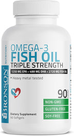 Bronson Omega 3 Fish Oil Triple Strength 2720 mg, High EPA 1250 mg DHA 488 mg, Non-GMO Heavy Metal Tested, 90 Softgels