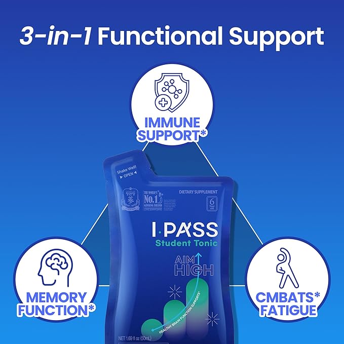 JUNG Kwan Jang iPass Student Tonic - Adaptogen Energy Drink Supplement with Korean Red Ginseng, Jujube, Astragalus & Angelica - Daily Support for School and Activities (30 Pouches, 1.69 fl oz)