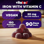 Vitabod Iron Gummies Supplement for Women, Men & Kids - 20mg - with Vitamin C - Dietary Supplement for Red Blood Cell Support, 180 Pectin Based Gummies
