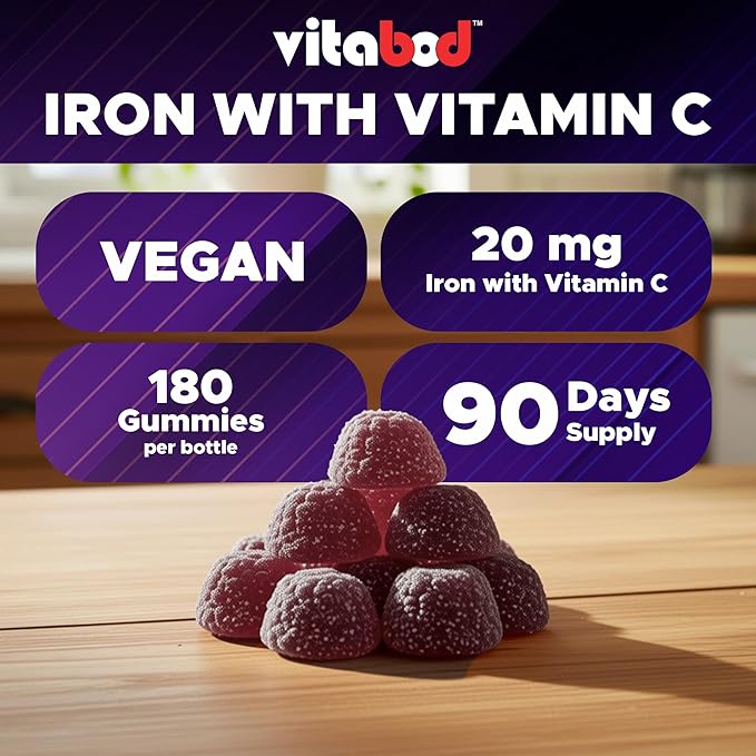 Vitabod Iron Gummies Supplement for Women, Men & Kids - 20mg - with Vitamin C - Dietary Supplement for Red Blood Cell Support, 180 Pectin Based Gummies