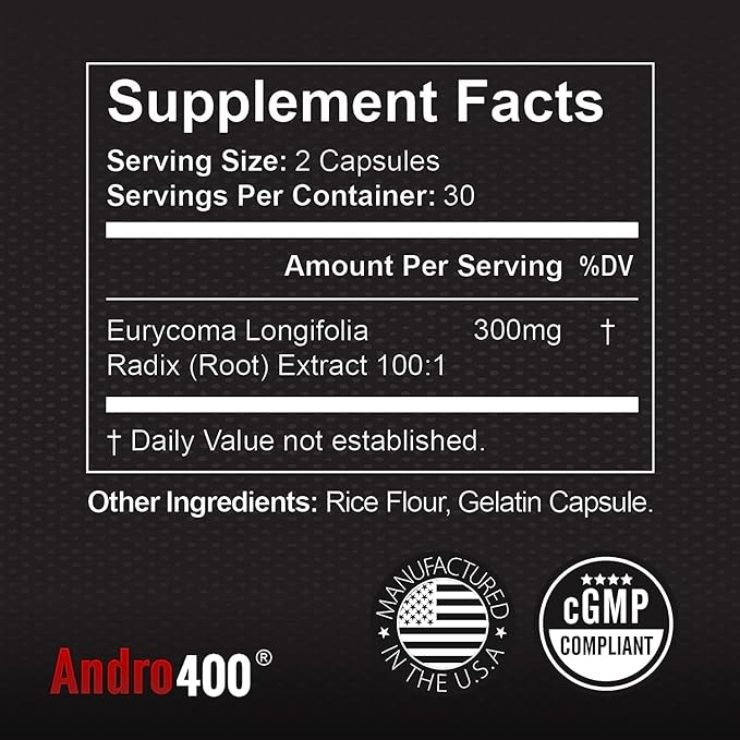 Andro400 Natural T Booster Supplements for Men – Traditional Tongkat Ali (Eurycoma Longifolia) 100:1 Extract – Herbal Formula for Energy, Stamina, & Metabolic Support – 1 Pack, 60 Capsules