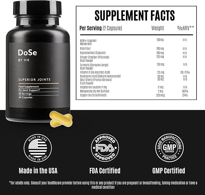 DoSe by VH Superior Joints with NEM, Turmeric, Ginger & Hyaluronic Acid – Supports Flexibility, Mobility & Joint Comfort – Vegan Capsules (60 Count)