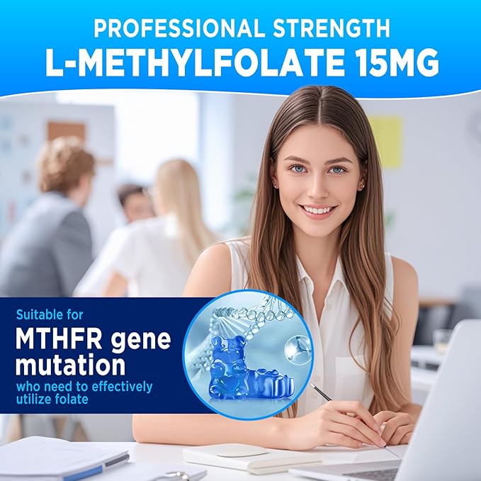 L-Methylfolate 15mg & Methyl B12 1000mcg Gummies, Methylated B1, B2, B6 Multivitamins for Men Women, Active 5-MTHF & B Complex Supplement Supports MTHFR Gene, Immune, Brain Health, Vegan, 60 Gummies