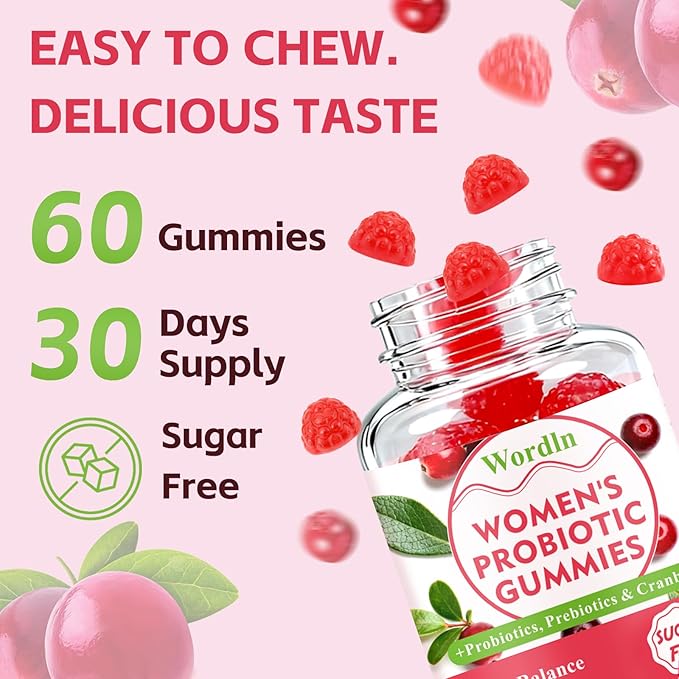 Women Probiotic Gummies for Feminine Health, Supports pH Balance, Vaginal Health, Odor Control & Yeast Balance, Digestive & Immune Support, Sugar Free Cranberry Flavor, 60 Count (Pack of 1)