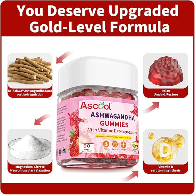 Ashwagandha Gummies for Stress Support & Relaxation with Magnesium + Vitamin D – 90 Count Sugar-Free, Vegan Ashwa Supplements