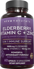 Viva Naturals Black Elderberry 1000mg with Vitamin C, D3 5000 IU & Zinc - 5-in-1 Immune Support Supplement for Adults, Sambucus Elderberry Capsules with Ginger for Men and Women, (60 Capsules)