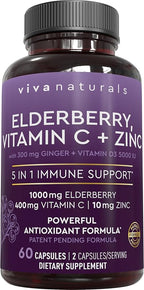 Viva Naturals Black Elderberry 1000mg with Vitamin C, D3 5000 IU & Zinc - 5-in-1 Immune Support Supplement for Adults, Sambucus Elderberry Capsules with Ginger for Men and Women, (60 Capsules)