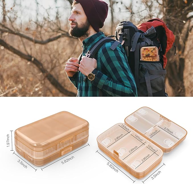 FYY Weekly Pill Organizer with Labels,8 Compartments Travel Daily Pill Case Airtight Moistureproof Large Pill Box to Hold Vitamins, Fish Oil, Supplements,Cotton Swab and Bandages-Brown