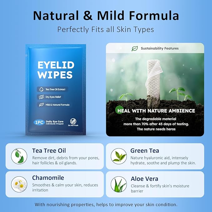 120-Pack Eyelid Cleansing Wipes for Itchy & Dry Eyes, Massive Value Family Size, Soothing for Sensitive Eyes, Gentle Eye Wipes for Styes & Blepharitis,Tea Tree Oil for Daily Eye Comfort, Pack of 2