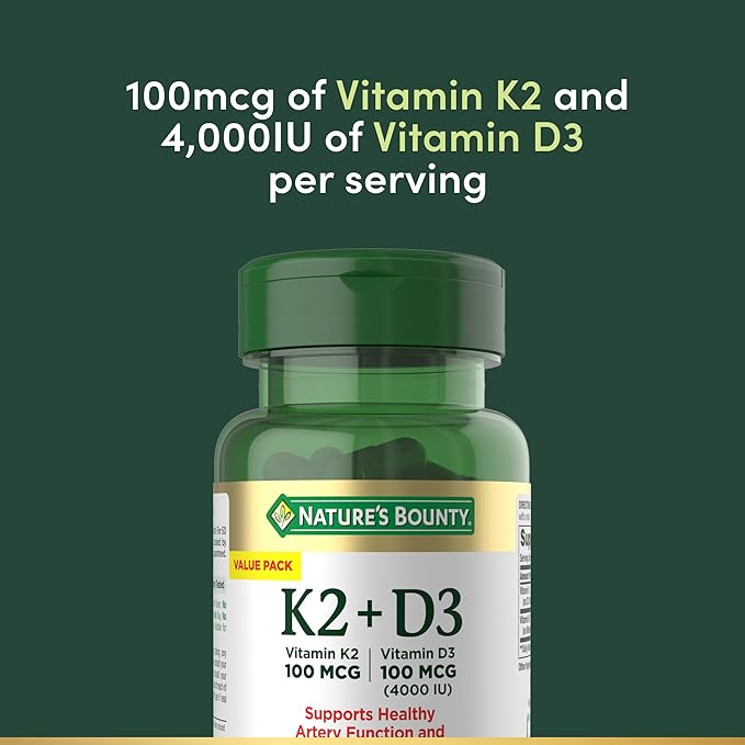 Nature's Bounty Vitamin D3 K2 Supplement, 4000 IU, D3 Plus 100 mcg of Vitamin K Supplements for Adults for Heart & Bone Health Support, 60 Day Supply, 60 Vegetarian Capsules (Pack of 3)