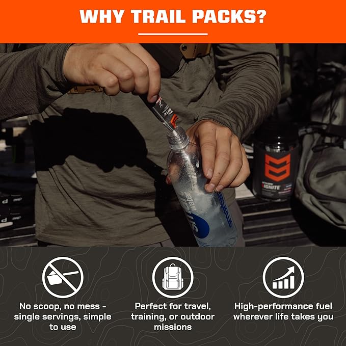 MTN OPS Ignite Sugar Free Energy Drink Powder Trail Packs with 200mg Caffeine, Travel Pre Workout Packets for to-Go Energy, Nootropic Blend, L Arginine & L Citrulline, 20 Servings, Tiger's Blood