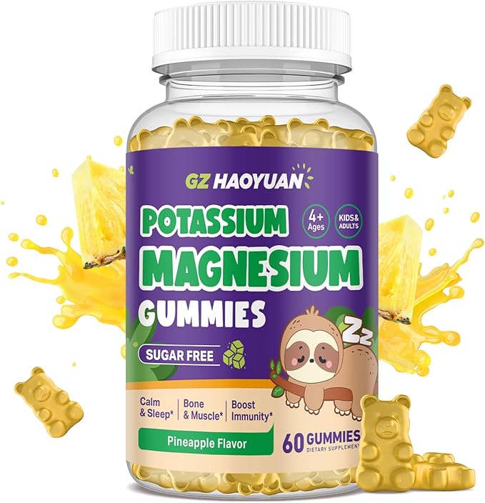 Kids Magnesium Gummies - Magnesium Glycinate Gummies with Vitamin D3, B6, Potassium & Ashwagandha for Kids & Adults Relaxation, Sleep, Brain & Bone Health -Sugar Free Pineapple Flavor 60 ct