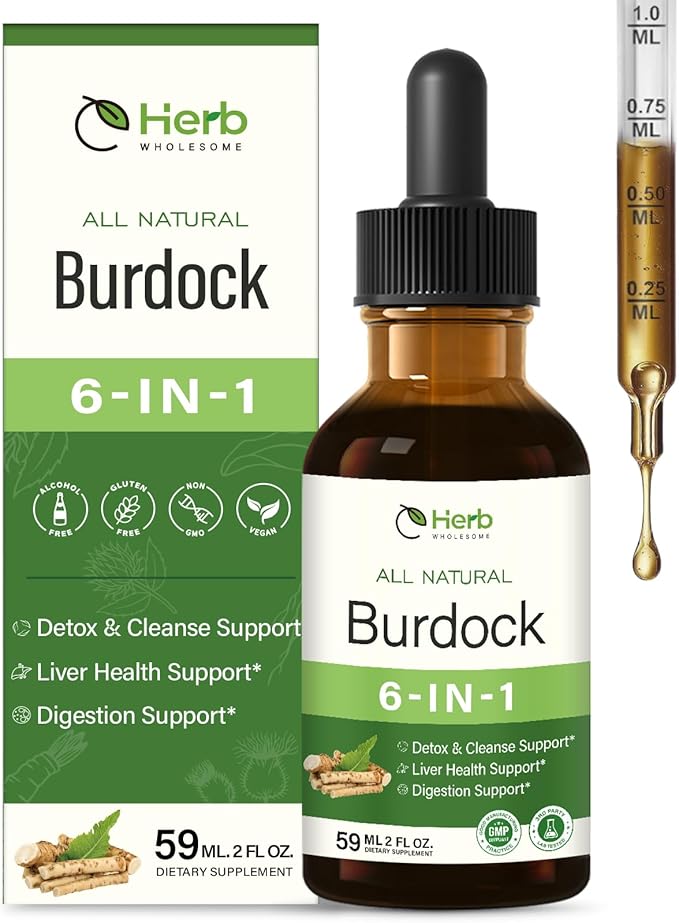 Burdock Root Extract Drops for Liver Health, 6-in-1 Herbal Supplement for Detox & Cleanse & Digestion Support Blend w/Milk Thistle Turmeric Red Clover. 2oz