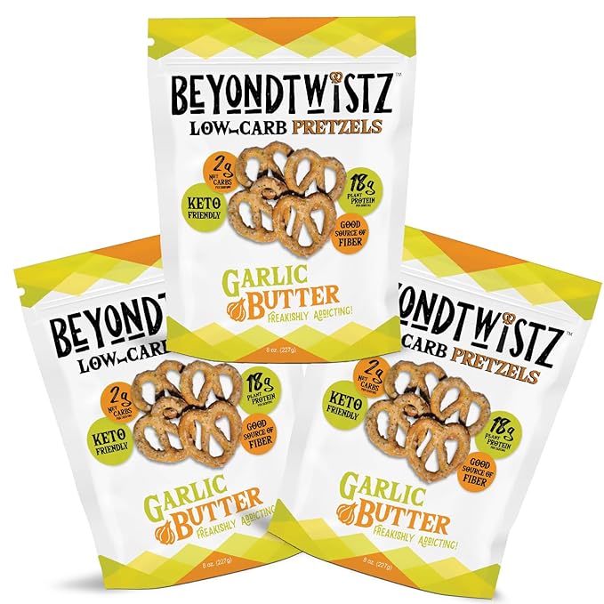 BeyondTwistz Low Carb Pretzels, Garlic Butter, Keto Friendly, 2g Net Carbs, 18g Protein, Powered By HealthSense® High Fiber Wheat Flour, Family Size 8oz Bag, Pack of 3