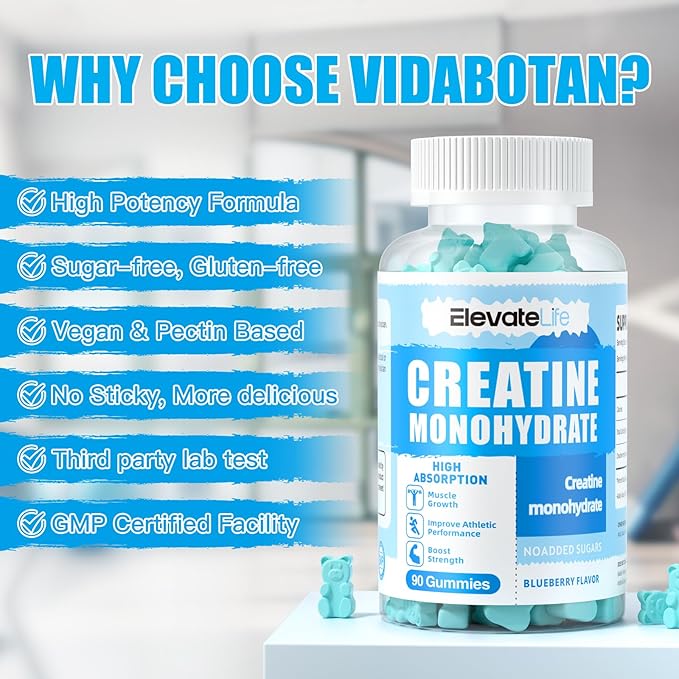ElevateLife Creatine Monohydrate Gummies for Men & Women, Chewables Creatine Monohydrate for Muscle Strength, Muscle Builder, Energy Boost, Pre-Workout Supplement(90 Count)-Blueberry
