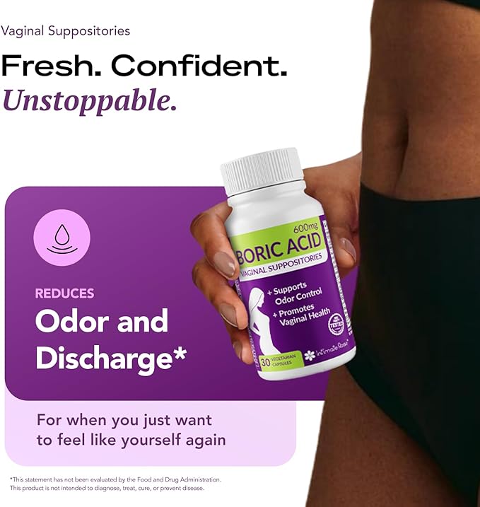 Intimate Rose Boric Acid Vaginal Suppositories, 14 Count for Feminine Deodorizing & Freshness - Vegan Capsules