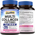 Vitalibre Multi Collagen Peptides, Hydrolyzed, Type I, II, III, Vitamin C, Biotin, Hyaluronic Acid, Turmeric & Black Pepper, Skin, Hair, Nail & Mobility Support, Non-GMO, 180 Caps