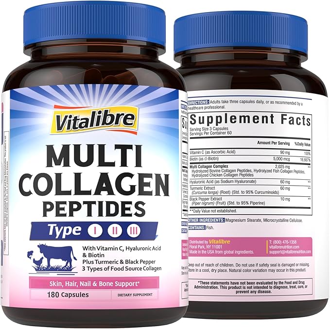 Vitalibre Multi Collagen Peptides, Hydrolyzed, Type I, II, III, Vitamin C, Biotin, Hyaluronic Acid, Turmeric & Black Pepper, Skin, Hair, Nail & Mobility Support, Non-GMO, 180 Caps