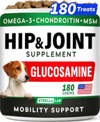 Glucosamine Treats for Dogs - Hip & Joint Supplement w/Omega-3 Fish Oil - Chondroitin, MSM - Advanced Mobility Chews - Joint Pain Relief - Hip & Joint Care - Bacon Flavor - 180 Ct - Made in USA