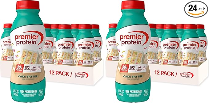 Premier Protein Shake,Cake Batter,30g Protein,No Added Sugar,24 Vitamins & Minerals to Support Immune Health,11.5 fl oz (Packaging May Vary),(Pack of 24)