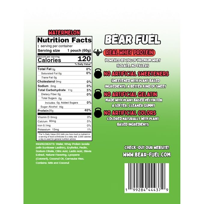 Bear Fuel Protein Gummies – 20g Protein Candy Snack – High Protein, Zero Sugar, Naturally Sweetened Gummy Bears – Fruit Variety (3, Watermelon)